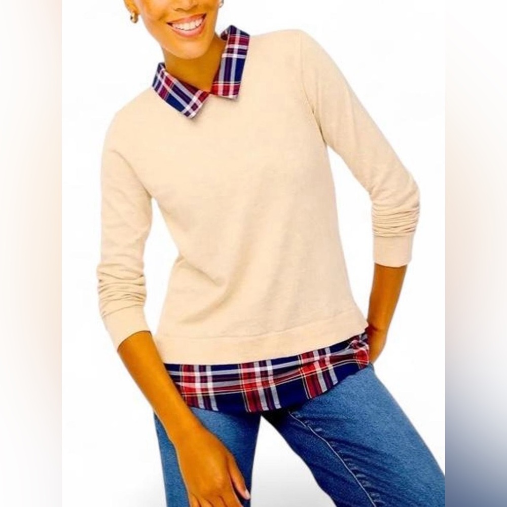 J. Crew Woven Collar‎ Plaid Sweater XL Layered Casual Chic Preppy Cream Classic